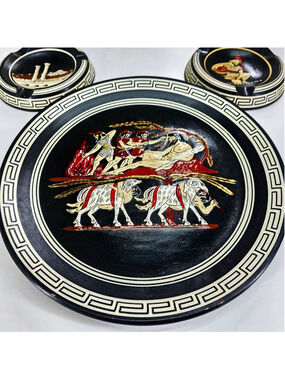 Vintage Greek Pottery Ulysses Cyclops Plate Ashtray Set Hand Painted Greece 3Pc